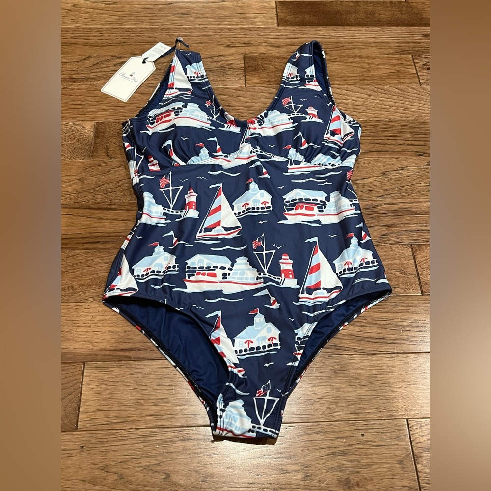 NWT Classic Prep Women’s Ariel One Piece Swimsuit 5 Mile River Print Nautical